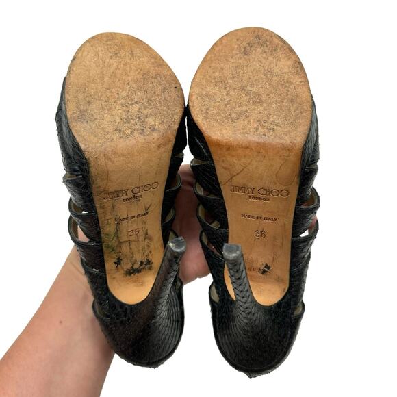 Jimmy Choo Black Leather Green Shimmer Gladiator Cage Platform Stiletto Sandals - Picture 11 of 11